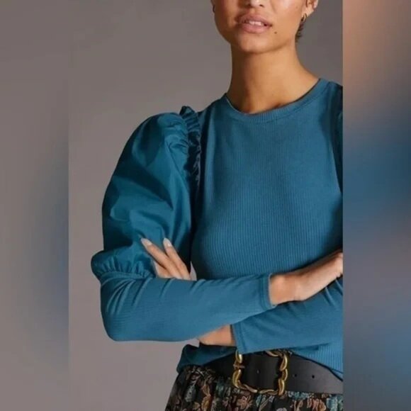 Anthropologie Sunday in Brooklyn Womens Puff Slv ruffle contrast teal top M - Picture 4 of 11